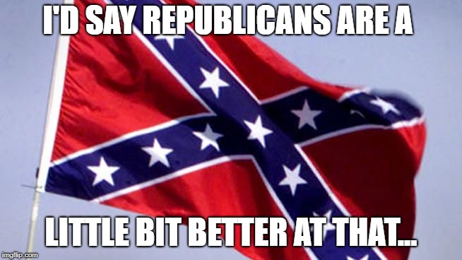 Confederate Flag | I'D SAY REPUBLICANS ARE A LITTLE BIT BETTER AT THAT... | image tagged in confederate flag | made w/ Imgflip meme maker