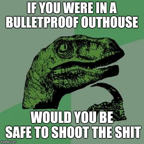 Philosoraptor | IF YOU WERE IN A BULLETPROOF OUTHOUSE; WOULD YOU BE SAFE TO SHOOT THE SHIT | image tagged in memes,philosoraptor | made w/ Imgflip meme maker