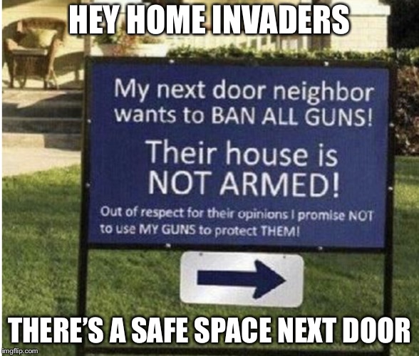 I know where there’s a safe space! | HEY HOME INVADERS; THERE’S A SAFE SPACE NEXT DOOR | image tagged in gun control,safe space,memes | made w/ Imgflip meme maker