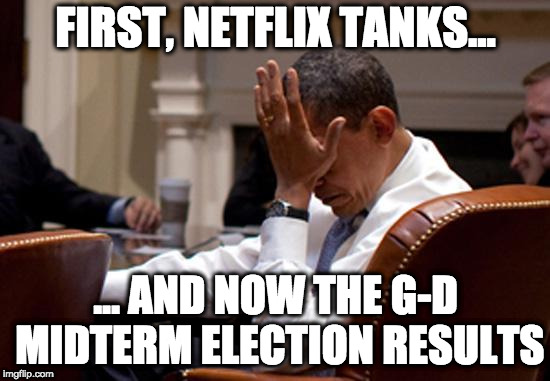 Obama Face Palm | FIRST, NETFLIX TANKS... ... AND NOW THE G-D MIDTERM ELECTION RESULTS | image tagged in obama face palm | made w/ Imgflip meme maker