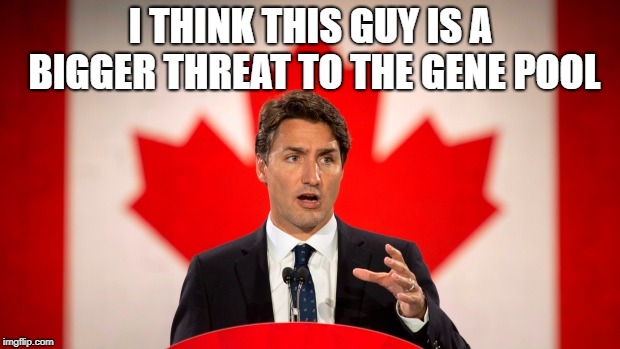 Justin Trudeau | I THINK THIS GUY IS A BIGGER THREAT TO THE GENE POOL | image tagged in justin trudeau | made w/ Imgflip meme maker