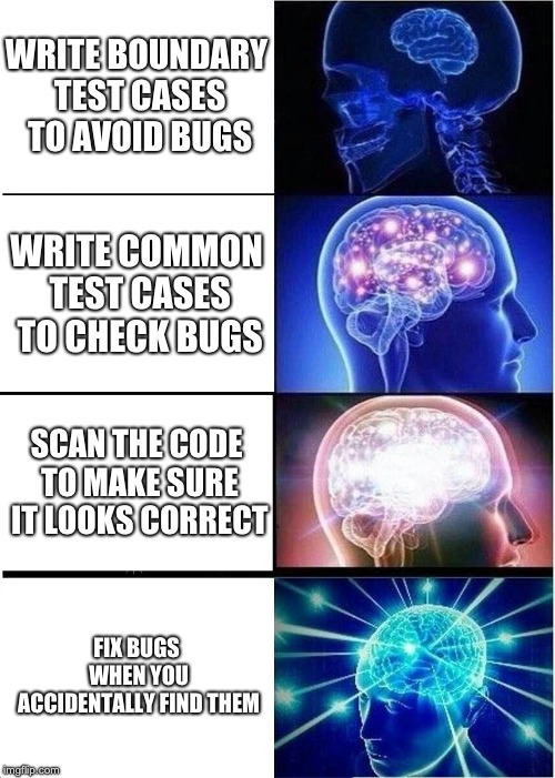 Expanding Brain | WRITE BOUNDARY TEST CASES TO AVOID BUGS; WRITE COMMON TEST CASES TO CHECK BUGS; SCAN THE CODE TO MAKE SURE IT LOOKS CORRECT; FIX BUGS WHEN YOU ACCIDENTALLY FIND THEM | image tagged in memes,expanding brain | made w/ Imgflip meme maker