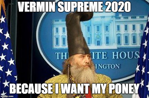 Vermin Supreme for President | VERMIN SUPREME 2020 BECAUSE I WANT MY PONEY | image tagged in vermin supreme for president | made w/ Imgflip meme maker