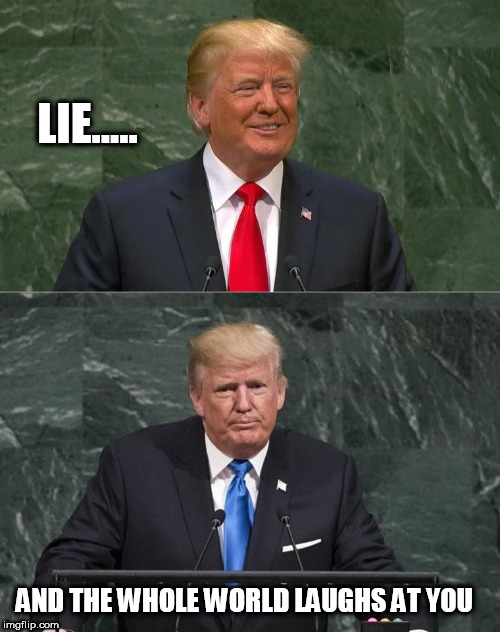 LIE..... AND THE WHOLE WORLD LAUGHS AT YOU | image tagged in lying trump,liar in chief,laugh,laughing,lies,trump lies | made w/ Imgflip meme maker