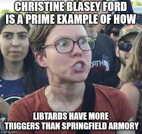 Triggered feminist | CHRISTINE BLASEY FORD IS A PRIME EXAMPLE OF HOW LIBTARDS HAVE MORE TRIGGERS THAN SPRINGFIELD ARMORY | image tagged in triggered feminist | made w/ Imgflip meme maker