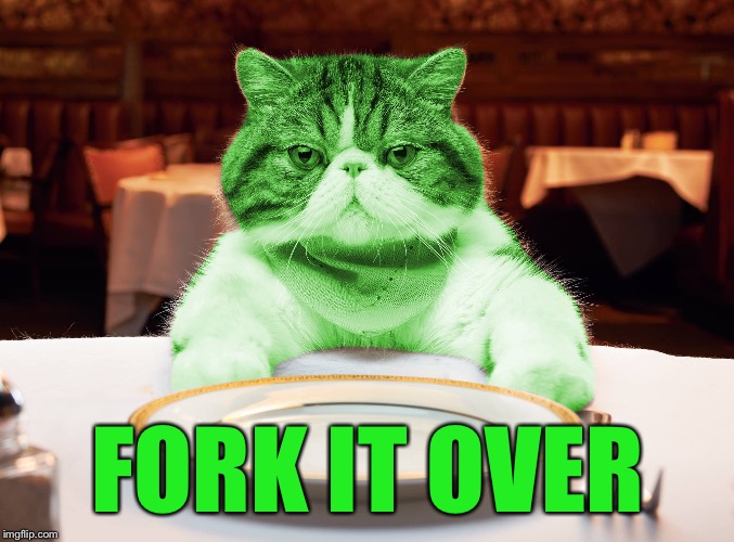 RayCat Hungry | FORK IT OVER | image tagged in raycat hungry | made w/ Imgflip meme maker