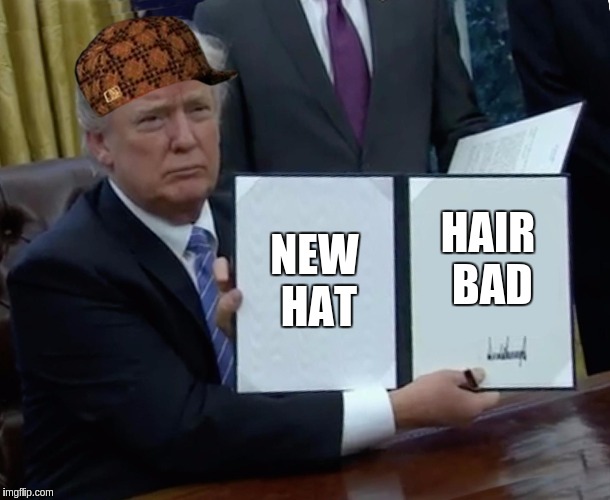 Trump Bill Signing Meme | NEW HAT; HAIR BAD | image tagged in memes,trump bill signing,scumbag | made w/ Imgflip meme maker