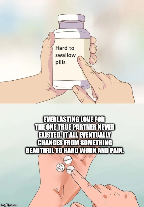 Hard To Swallow Pills Meme | EVERLASTING LOVE FOR THE ONE TRUE PARTNER NEVER EXISTED. IT ALL EVENTUALLY CHANGES FROM SOMETHING BEAUTIFUL TO HARD WORK AND PAIN. | image tagged in memes,hard to swallow pills | made w/ Imgflip meme maker
