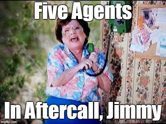 6 Callers Ahead of Us Jimmy | Five Agents; In Aftercall, Jimmy | image tagged in 6 callers ahead of us jimmy | made w/ Imgflip meme maker