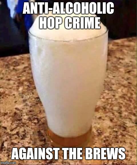 Anti-Alcoholic Hop Crime Against The Brews | ANTI-ALCOHOLIC HOP CRIME; AGAINST THE BREWS | image tagged in empty beer glass | made w/ Imgflip meme maker
