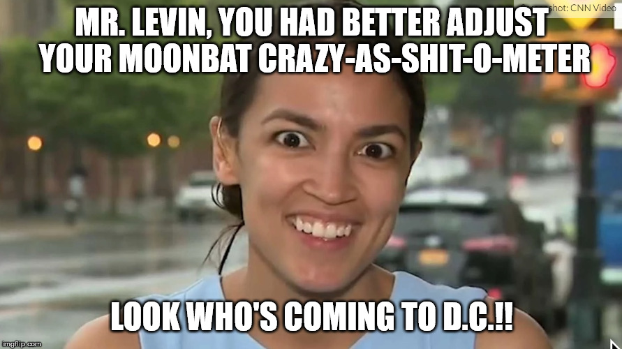 Alexandria Ocasio-Cortez | MR. LEVIN, YOU HAD BETTER ADJUST YOUR MOONBAT CRAZY-AS-SHIT-O-METER LOOK WHO'S COMING TO D.C.!! | image tagged in alexandria ocasio-cortez | made w/ Imgflip meme maker