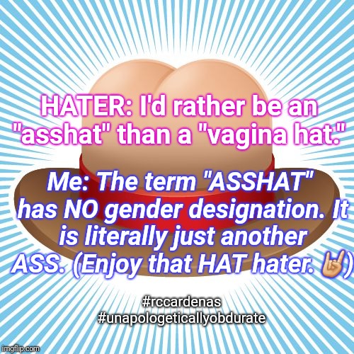 Explaining to the Asshat | HATER: I'd rather be an "asshat" than a "vagina hat."; Me: The term "ASSHAT" has NO gender designation. It is literally just another ASS. (Enjoy that HAT hater.🤘🏻); #rccardenas #unapologeticallyobdurate | image tagged in asshat,hater,haters gonna hate,ass | made w/ Imgflip meme maker