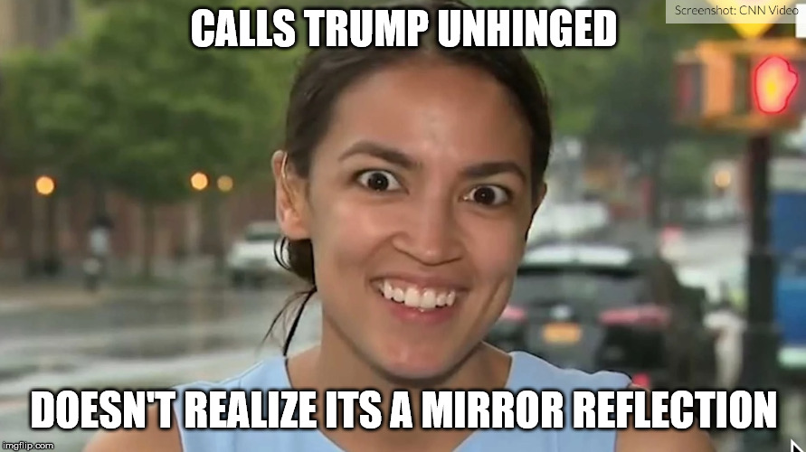 Alexandria Ocasio-Cortez | CALLS TRUMP UNHINGED DOESN'T REALIZE ITS A MIRROR REFLECTION | image tagged in alexandria ocasio-cortez | made w/ Imgflip meme maker
