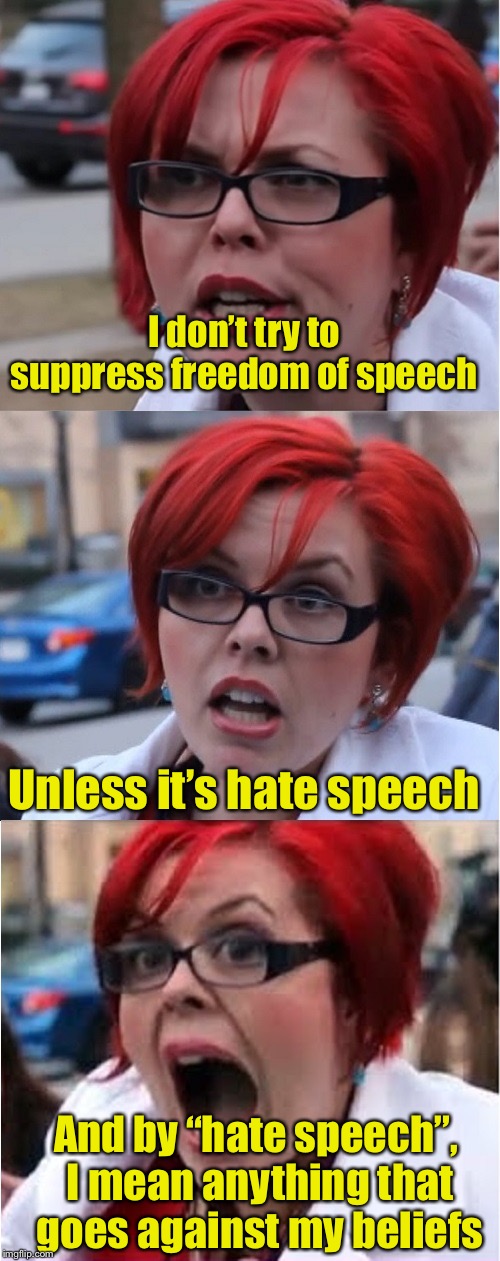 Leftist Principle of Free Speech | I don’t try to suppress freedom of speech; Unless it’s hate speech; And by “hate speech”, I mean anything that goes against my beliefs | image tagged in big red feminist pun,memes,hate speech,leftist,leftists | made w/ Imgflip meme maker