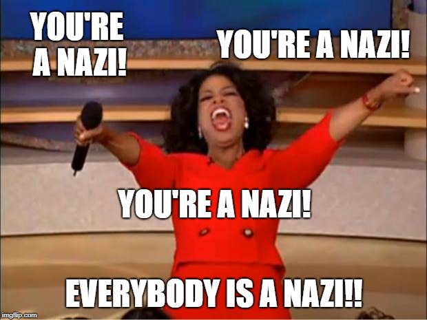 Oprah You Get A Meme | YOU'RE A NAZI! EVERYBODY IS A NAZI!! YOU'RE A NAZI! YOU'RE A NAZI! | image tagged in memes,oprah you get a | made w/ Imgflip meme maker