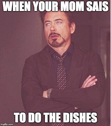 Face You Make Robert Downey Jr | WHEN YOUR MOM SAIS; TO DO THE DISHES | image tagged in memes,face you make robert downey jr | made w/ Imgflip meme maker