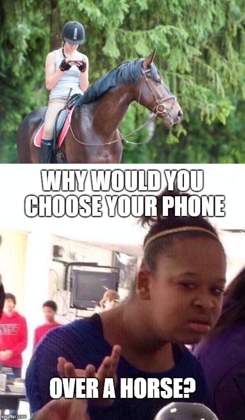 Maybe she's looking at pictures of horses? | WHY WOULD YOU CHOOSE YOUR PHONE; OVER A HORSE? | image tagged in horse,phone,texting,memes,funny,black girl wat | made w/ Imgflip meme maker