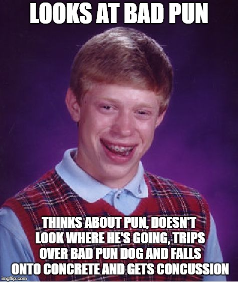 Bad Luck Brian Meme | LOOKS AT BAD PUN THINKS ABOUT PUN, DOESN'T LOOK WHERE HE'S GOING, TRIPS OVER BAD PUN DOG AND FALLS ONTO CONCRETE AND GETS CONCUSSION | image tagged in memes,bad luck brian | made w/ Imgflip meme maker