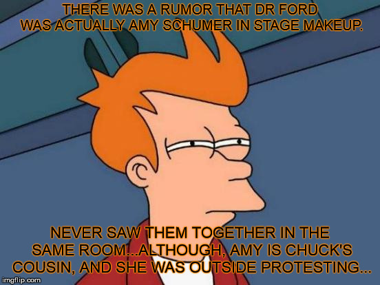 That's odd... | THERE WAS A RUMOR THAT DR FORD WAS ACTUALLY AMY SCHUMER IN STAGE MAKEUP. NEVER SAW THEM TOGETHER IN THE SAME ROOM...ALTHOUGH, AMY IS CHUCK'S COUSIN, AND SHE WAS OUTSIDE PROTESTING... | image tagged in memes,futurama fry,funny,dr ford,amy schumer | made w/ Imgflip meme maker