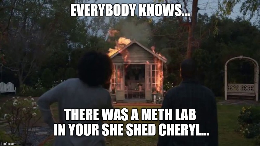 Cheryl's She Shed | EVERYBODY KNOWS... THERE WAS A METH LAB IN YOUR SHE SHED CHERYL... | image tagged in cheryl's she shed | made w/ Imgflip meme maker