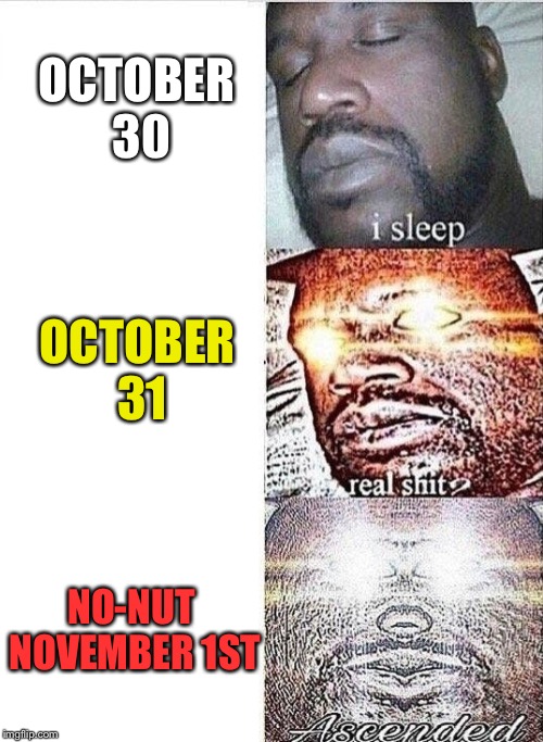 i sleep, REAL SHIT ,ASCENDED | OCTOBER 30; OCTOBER 31; NO-NUT NOVEMBER 1ST | image tagged in i sleep real shit ascended | made w/ Imgflip meme maker