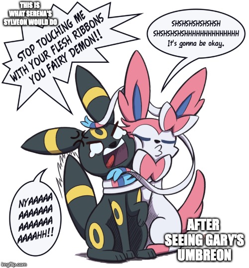 Sylveon Hugging Umbreon | THIS IS WHAT SERENA'S SYLVEON WOULD DO; AFTER SEEING GARY'S UMBREON | image tagged in eevee,pokemon,memes,sylveon,umbreon | made w/ Imgflip meme maker