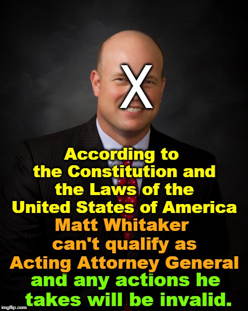 Unconstitutional, no matter how much Whitaker brown-noses Trump. Thus spake Judge Napolitano. And others. | X; According to the Constitution and the Laws of the United States of America; Matt Whitaker can't qualify as Acting Attorney General; and any actions he takes will be invalid. | image tagged in constitution,united states of america,matt whitaker,attorney general,invalid | made w/ Imgflip meme maker