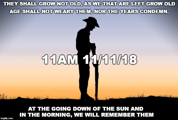 ww1 | THEY SHALL GROW NOT OLD, AS WE THAT ARE LEFT GROW OLD; AGE SHALL NOT WEARY THEM, NOR THE YEARS CONDEMN. 11AM 11/11/18; AT THE GOING DOWN OF THE SUN AND IN THE MORNING,
WE WILL REMEMBER THEM | image tagged in ww1 | made w/ Imgflip meme maker