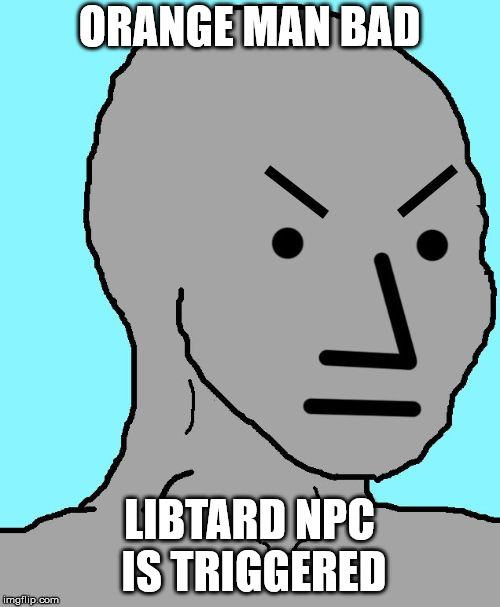 NPC meme angry | ORANGE MAN BAD LIBTARD NPC IS TRIGGERED | image tagged in npc meme angry | made w/ Imgflip meme maker