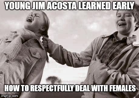 YOUNG JIM ACOSTA LEARNED EARLY; HOW TO RESPECTFULLY DEAL WITH FEMALES | image tagged in young jim's best side,jim acosta,bully | made w/ Imgflip meme maker