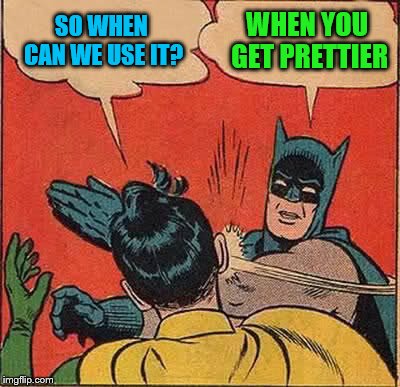 Batman Slapping Robin Meme | SO WHEN CAN WE USE IT? WHEN YOU GET PRETTIER | image tagged in memes,batman slapping robin | made w/ Imgflip meme maker
