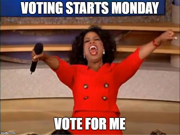 Oprah You Get A | VOTING STARTS MONDAY; VOTE FOR ME | image tagged in memes,oprah you get a | made w/ Imgflip meme maker
