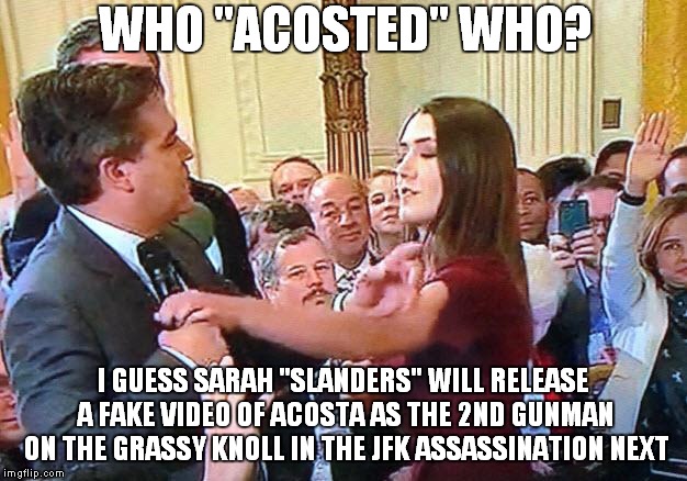Jim The ACCOSTED | WHO "ACOSTED" WHO? I GUESS SARAH "SLANDERS" WILL RELEASE A FAKE VIDEO OF ACOSTA AS THE 2ND GUNMAN ON THE GRASSY KNOLL IN THE JFK ASSASSINATION NEXT | image tagged in jim acosta the accoster,jim acosta,sarah sanders | made w/ Imgflip meme maker