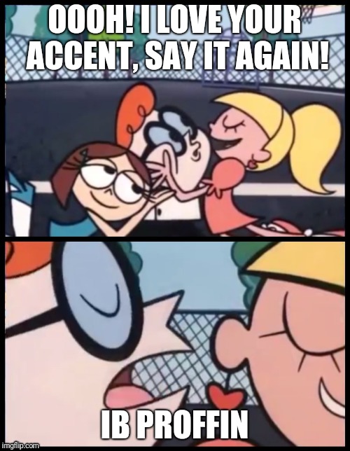 Say it Again, Dexter Meme | OOOH! I LOVE YOUR ACCENT, SAY IT AGAIN! IB PROFFIN | image tagged in say it again dexter | made w/ Imgflip meme maker