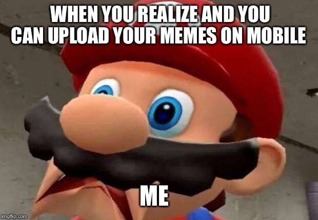 Mario WTF | WHEN YOU REALIZE AND YOU CAN UPLOAD YOUR MEMES ON MOBILE; ME | image tagged in mario wtf | made w/ Imgflip meme maker