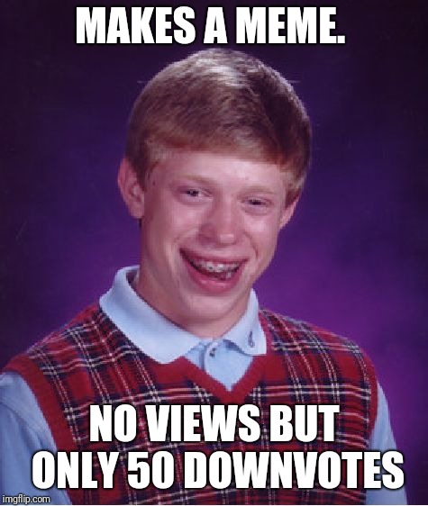 Bad Luck Brian Meme | MAKES A MEME. NO VIEWS BUT ONLY 50 DOWNVOTES | image tagged in memes,bad luck brian | made w/ Imgflip meme maker
