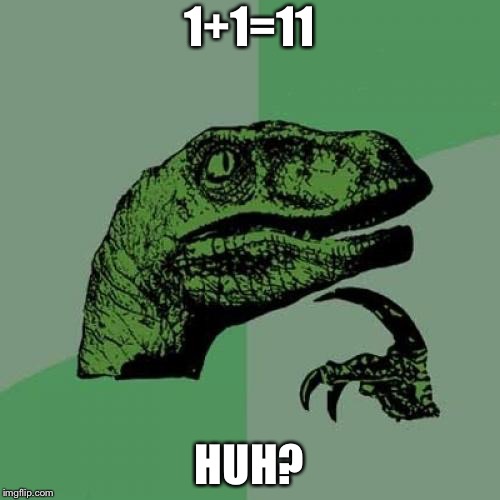 Philosoraptor | 1+1=11; HUH? | image tagged in memes,philosoraptor | made w/ Imgflip meme maker