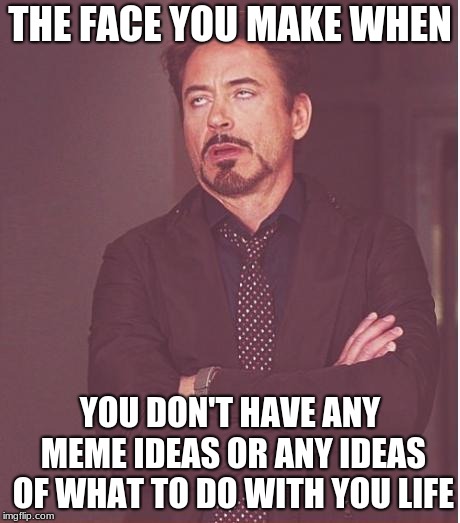 Face You Make Robert Downey Jr Meme | THE FACE YOU MAKE WHEN; YOU DON'T HAVE ANY MEME IDEAS OR ANY IDEAS OF WHAT TO DO WITH YOU LIFE | image tagged in memes,face you make robert downey jr | made w/ Imgflip meme maker