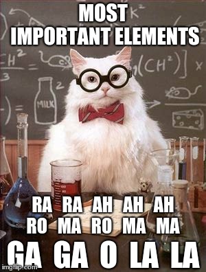 Science Cat Good Day | MOST IMPORTANT ELEMENTS; RA   RA   AH   AH   AH 
RO   MA   RO   MA   MA; GA  GA  O  LA  LA | image tagged in science cat good day | made w/ Imgflip meme maker