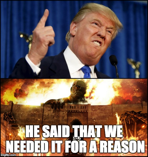 Donald Trump's wall VS. Attack on Titan | HE SAID THAT WE NEEDED IT FOR A REASON | image tagged in donald trump's wall vs attack on titan | made w/ Imgflip meme maker