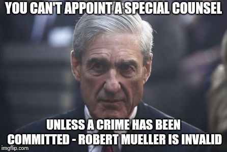 Mueller  | YOU CAN'T APPOINT A SPECIAL COUNSEL UNLESS A CRIME HAS BEEN COMMITTED - ROBERT MUELLER IS INVALID | image tagged in mueller | made w/ Imgflip meme maker