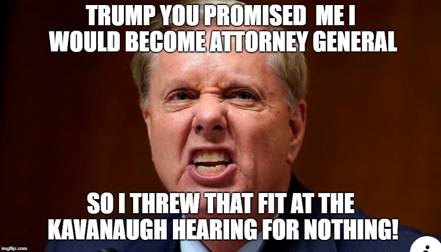 Gay Lindsey Graham | TRUMP YOU PROMISED  ME I WOULD BECOME ATTORNEY GENERAL; SO I THREW THAT FIT AT THE KAVANAUGH HEARING FOR NOTHING! | image tagged in gay lindsey graham | made w/ Imgflip meme maker