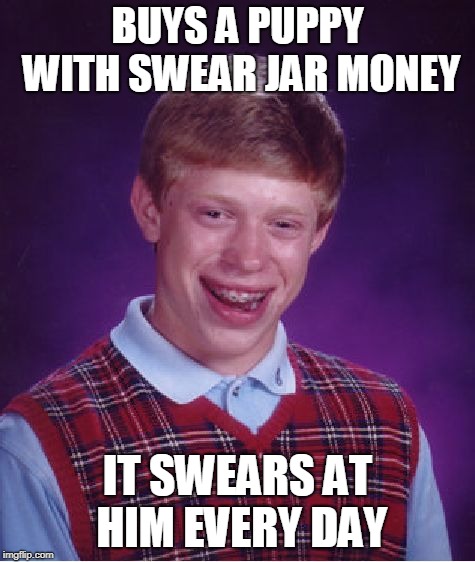 Bad Luck Brian Meme | BUYS A PUPPY WITH SWEAR JAR MONEY IT SWEARS AT HIM EVERY DAY | image tagged in memes,bad luck brian | made w/ Imgflip meme maker