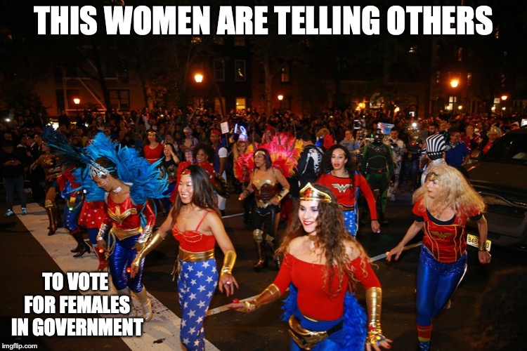 Women in Wonder Woman Costumes | THIS WOMEN ARE TELLING OTHERS; TO VOTE FOR FEMALES IN GOVERNMENT | image tagged in halloween,wonder woman,memes,feminism | made w/ Imgflip meme maker