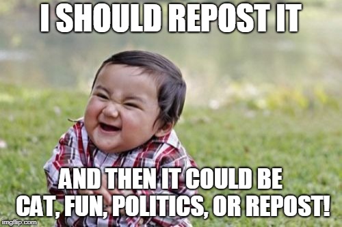 Evil Toddler Meme | I SHOULD REPOST IT AND THEN IT COULD BE CAT, FUN, POLITICS, OR REPOST! | image tagged in memes,evil toddler | made w/ Imgflip meme maker