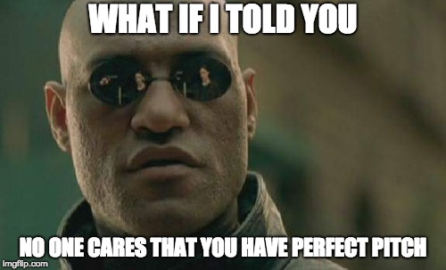 Matrix Morpheus | WHAT IF I TOLD YOU; NO ONE CARES THAT YOU HAVE PERFECT PITCH | image tagged in memes,matrix morpheus | made w/ Imgflip meme maker
