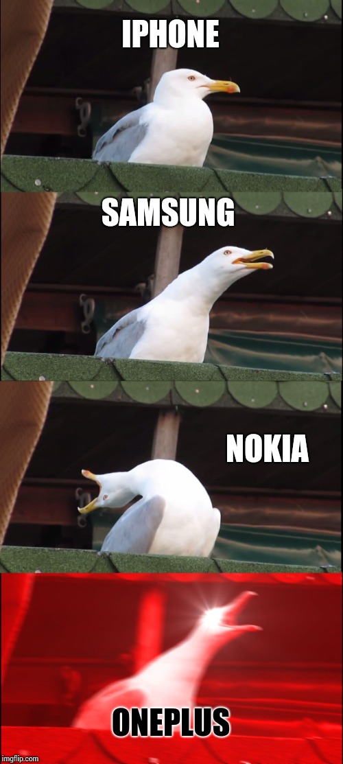 Inhaling Seagull Meme | IPHONE SAMSUNG NOKIA ONEPLUS | image tagged in memes,inhaling seagull | made w/ Imgflip meme maker