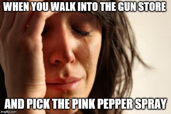 First World Problems Meme | WHEN YOU WALK INTO THE GUN STORE AND PICK THE PINK PEPPER SPRAY | image tagged in memes,first world problems | made w/ Imgflip meme maker