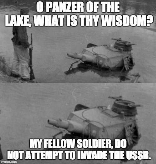 Panzer of the lake | O PANZER OF THE LAKE, WHAT IS THY WISDOM? MY FELLOW SOLDIER, DO NOT ATTEMPT TO INVADE THE USSR. | image tagged in panzer of the lake | made w/ Imgflip meme maker