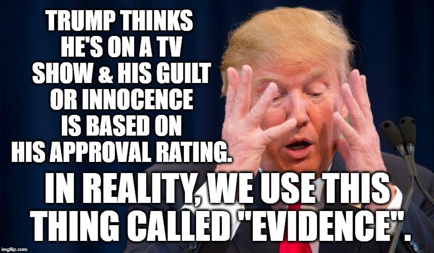 Obama scheduled 8 meetings a day. Trump schedules 2 per week because he's stupid. | TRUMP THINKS HE'S ON A TV SHOW & HIS GUILT OR INNOCENCE IS BASED ON HIS APPROVAL RATING. IN REALITY, WE USE THIS THING CALLED "EVIDENCE". | image tagged in donald trump,reality,television,traitor,treason,election | made w/ Imgflip meme maker